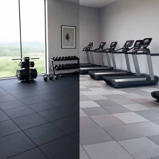 Sala de cardio con un piso de caucho en forma de losetas de color negro