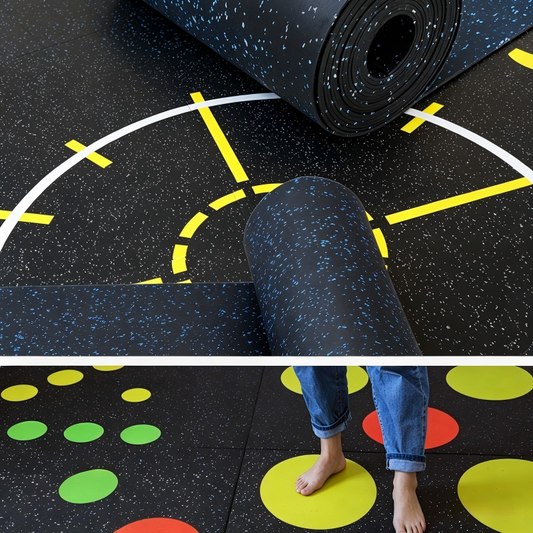 sala de fitness con piso de goma de color negro con chispas azules 